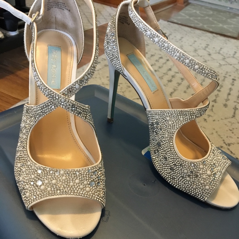 Bridal Jeweled Cross-Strap Peep-Toe Stiletto Heels